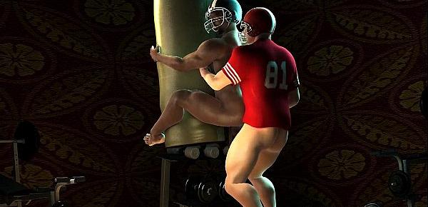  3D ebony football player taking a white cock in his tight ass